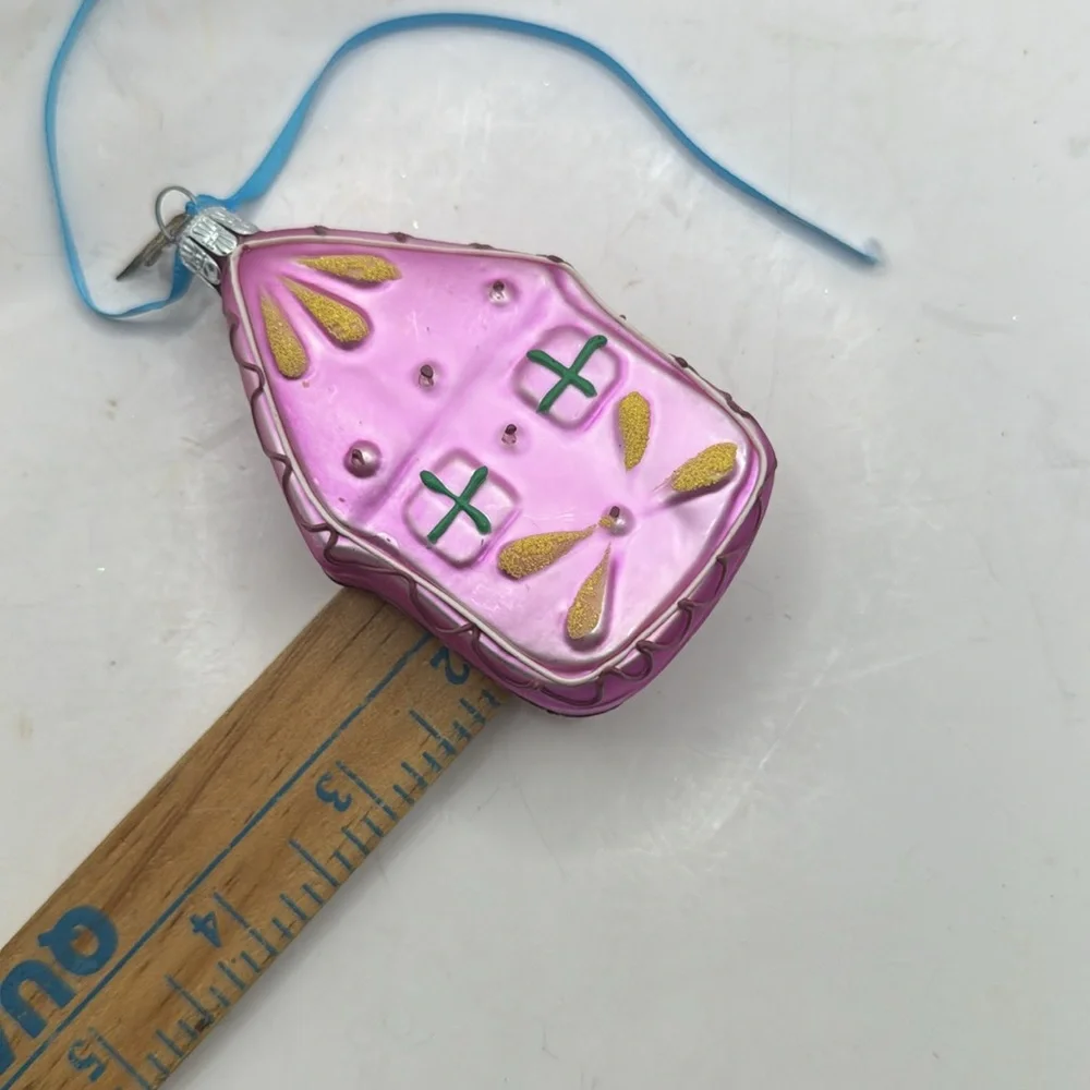 Pier 1 Mini House Pink Handpainted Glass Christmas Ornament Collectible Decor